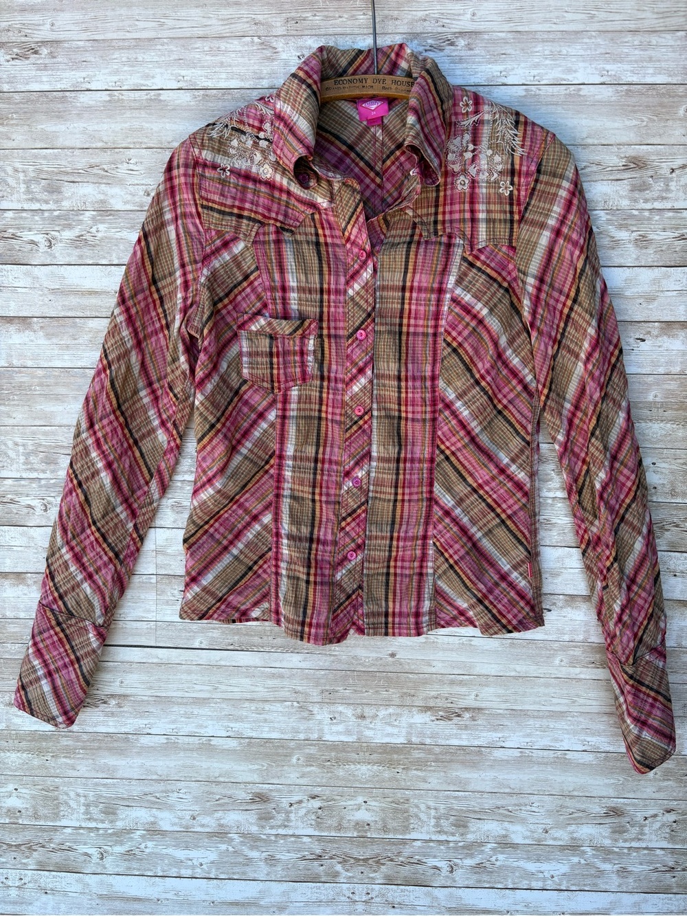 Oilily Plaid Button Up Embroidered Yoke Shirt